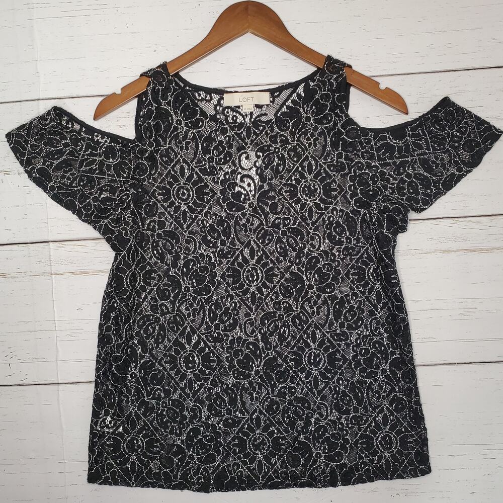 LOFT Womens Black White Floral Lace‎ Cold Shoulder Top XS NWT 450688